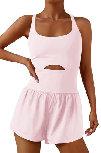 ReachMe Womens Athletic Romper Summer Workout Sets Running Onesie One Piece Jumpsuits Gym Outfits with Pockets(0 Light Rose Pink,M) | Amazon (US)
