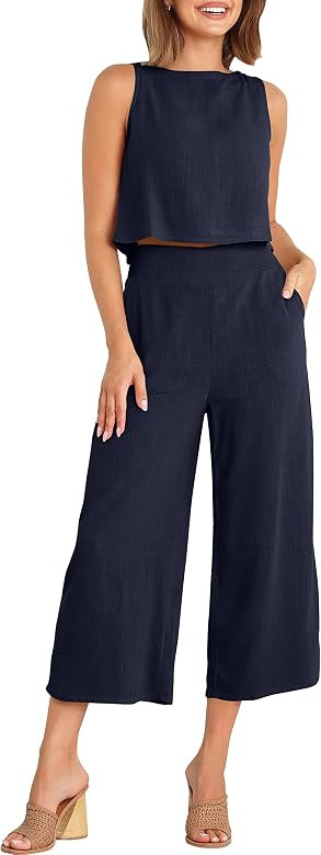 Prinbara Women's Summer Casual 2 Piece Outfits Round Neck Crop Basic Top Cropped Wide Leg Pants J... | Amazon (US)