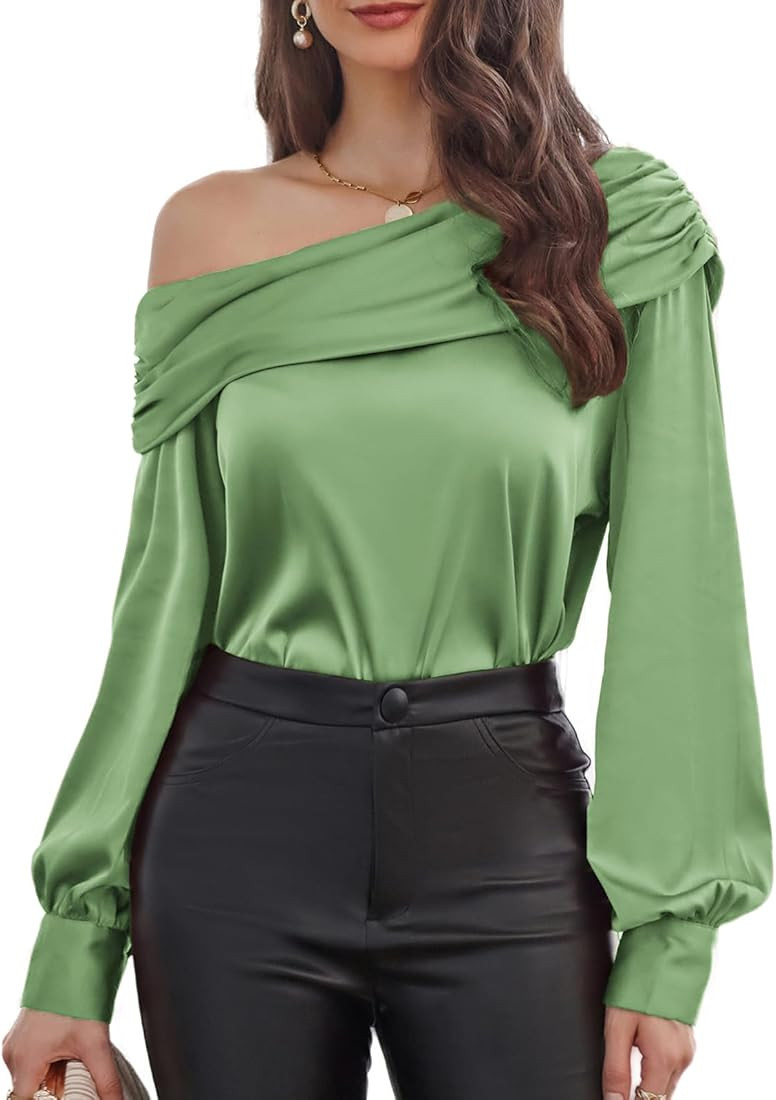 GRACE KARIN Women Satin Tops 2023 Long Sleeve Off The Shoulder Blouse Elegant Evening Party Tops | Amazon (US)