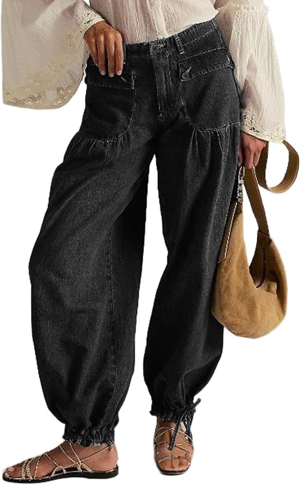 yoeasy Women's Lotus Tube Jeans Mid Rise Baggy Wide Leg Barrel Jeans Drawstring Ankle Denim Pants... | Amazon (US)