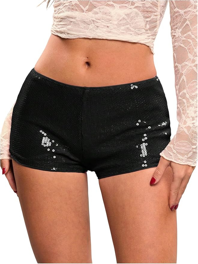 SweatyRocks Women's Sparkly Sequin Mini Shorts Low Rise Y2k Party Rave Booty Shorts Hot Pants | Amazon (US)