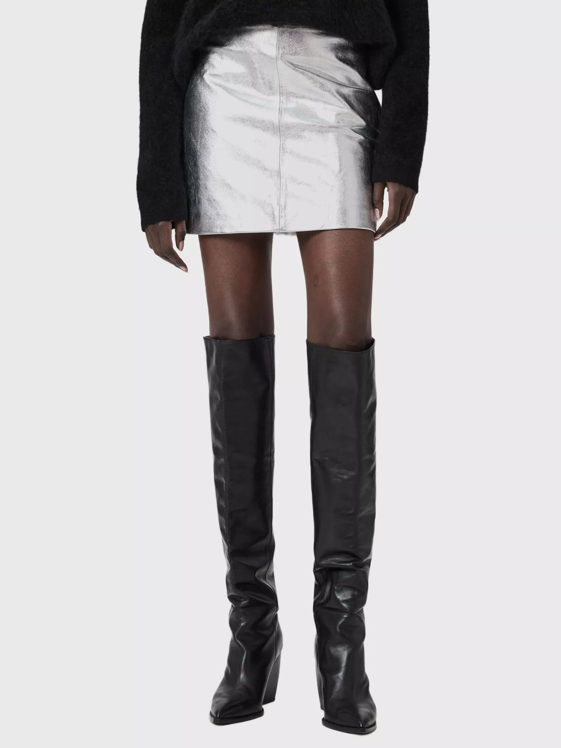 AllSaints Renai Leather Mini Skirt, Silver | John Lewis (UK)