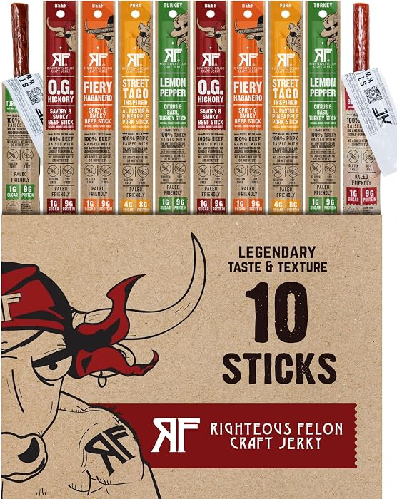 Righteous Felon Variety Meat Sticks | 100% Grass Fed Beef, Turkey & Pork | 88g Total Protein | Gl... | Amazon (US)