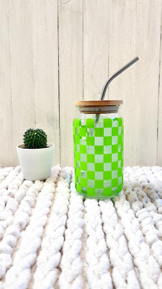Checkered Can Cup, Checkered Glass Can Cup, Checker Print Cup, Retro Glass Can, Aesthetic Glass C... | Etsy (US)