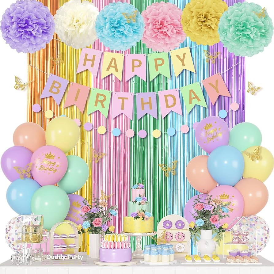 Pastel Birthday Decorations for Women Girls, Rainbow Colorful Printed Confetti Balloons Butterfly... | Amazon (US)