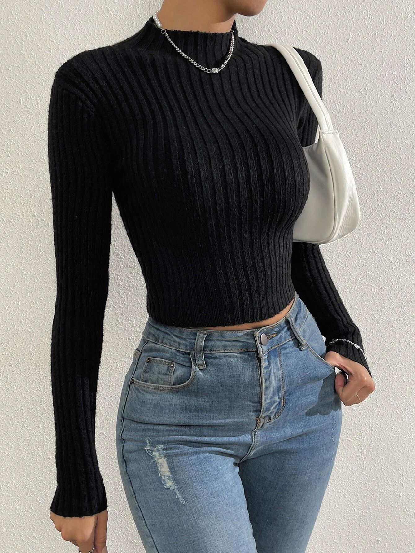 SHEIN Essnce Solid Stand Collar Sweater | SHEIN