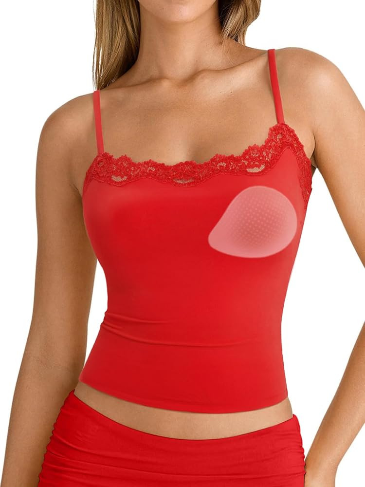 SUUKSESS Women Double Lined Lace Cami Tank Top Summer Padded Going Out Tops Basic Shirts | Amazon (US)