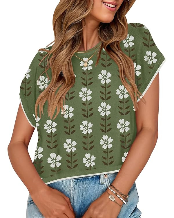 ZESICA Womens Summer Casual Printed Tops Cap Sleeve Crew Neck Cute Knit Sweaters 2025 Trendy Clot... | Amazon (US)