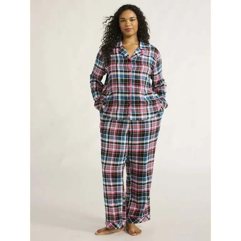 Joyspun Women's Flannel Long Sleeve Top and Pants Pajama Set, 2-Piece, Sizes XS-3X | Walmart (US)