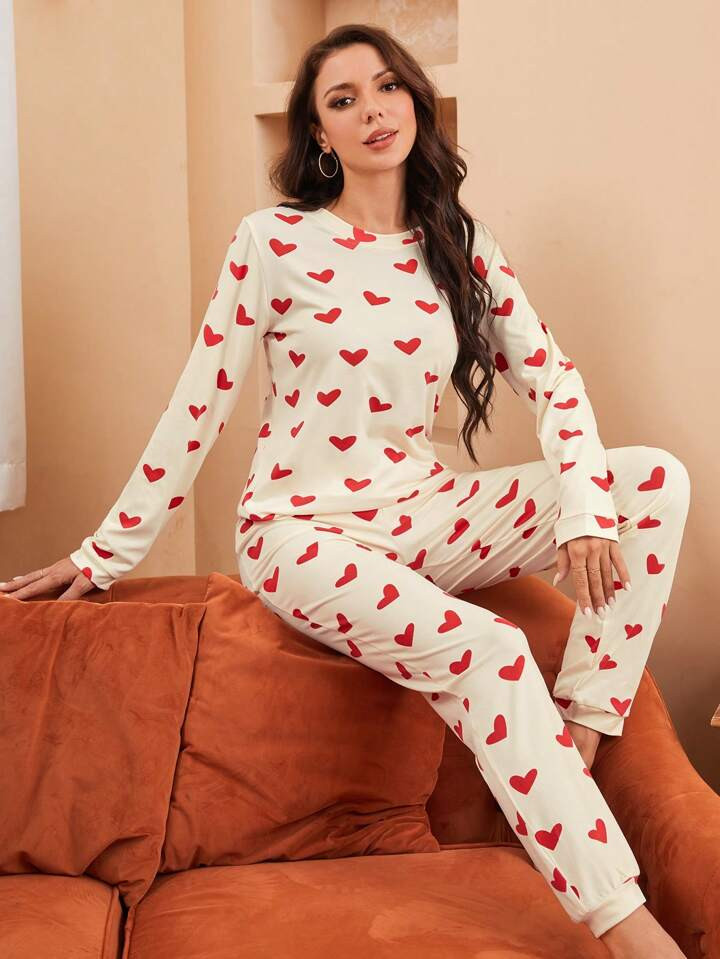 White And Red Heart Patterned Home Wear Set | SHEIN