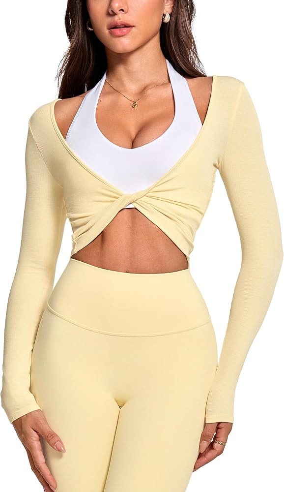 Womens Long Sleeve Knot Top Twist Front Cropped Activewear Ribbed Shirt Ballet Pilates Yoga Gym T... | Amazon (US)