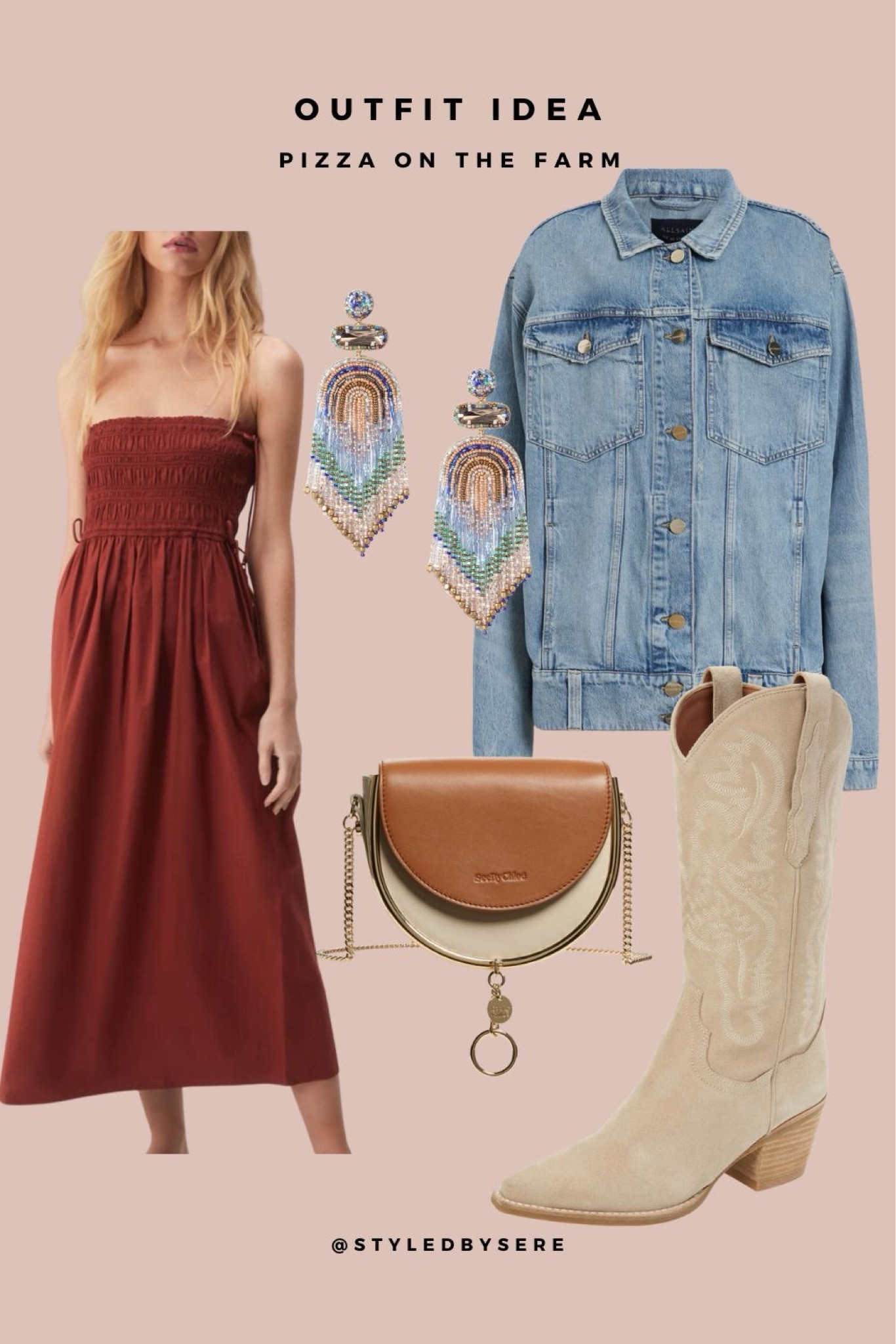 Date night in the country is super sweet with this outfit option. We start with a uber comfortable smock tube dress. Now lighten the look with blonde suede cowboy boots and a light denim jacket. Keep it country with a warm saddle bag and beautiful beaded earrings.

#LTKFestival #LTKShoeCrush #LTKParties