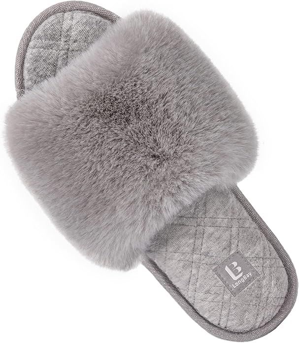 LongBay Women's Fuzzy Faux Fur Memory Foam Cozy Flat Spa Slide Slippers Comfy Open Toe Slip On Ho... | Amazon (US)