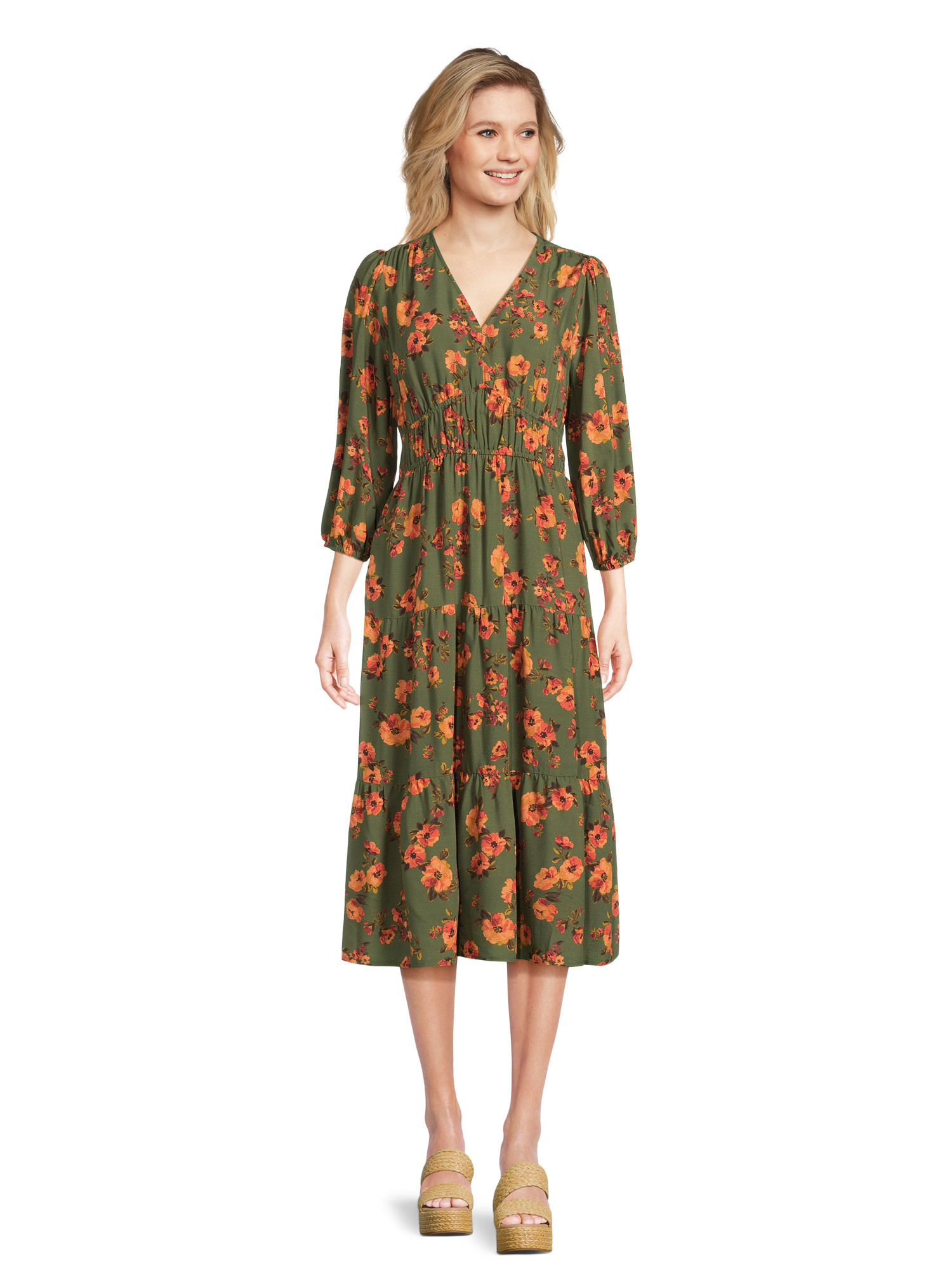 Time and Tru Women’s 3/4 Sleeve Midi Dress, Sizes XS-XXXL | Walmart (US)