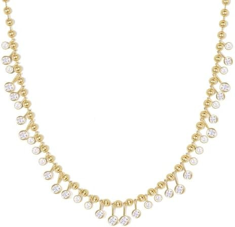 KissYan Cubic Zirconia Charm Necklace for Women, 14K Gold Plated Beaded Chain Rainbow White CZ Ne... | Amazon (US)