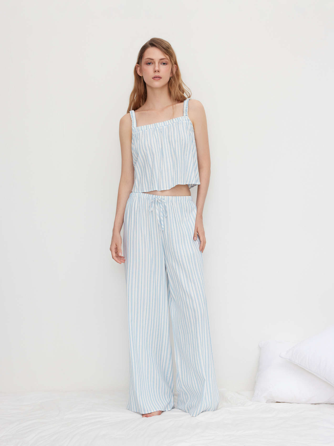 Cotton-blend Square Neck Stripe Oversized Cami Top & Mid Rise Drawstring Straight Leg Trousers Lo... | Cider