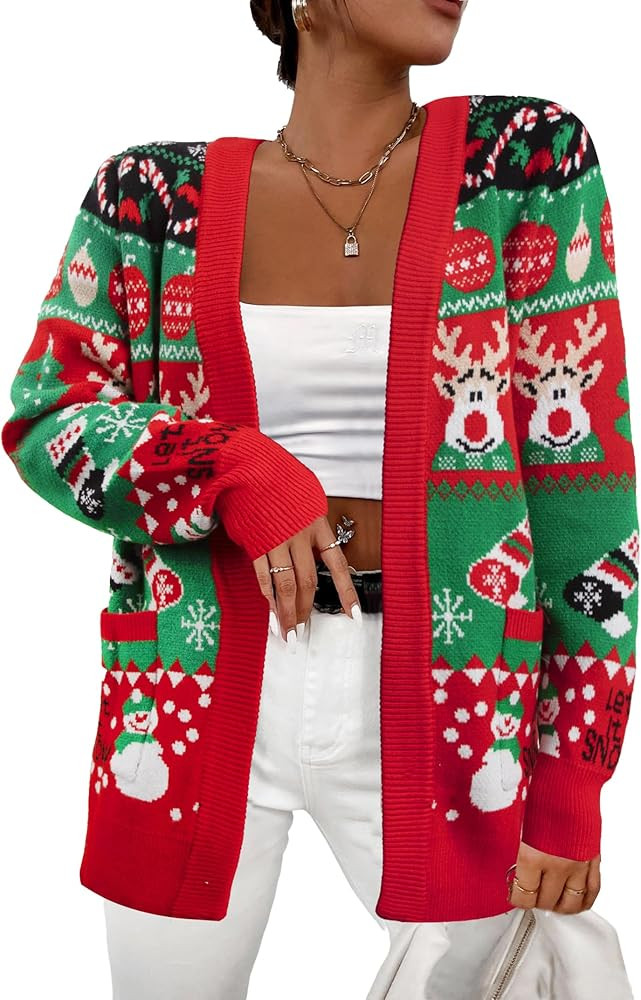 Ugly Christmas Cardigan Sweaters Women: Xmas Knit Sweater Cardigans Oversized Open Front Outerwea... | Amazon (US)