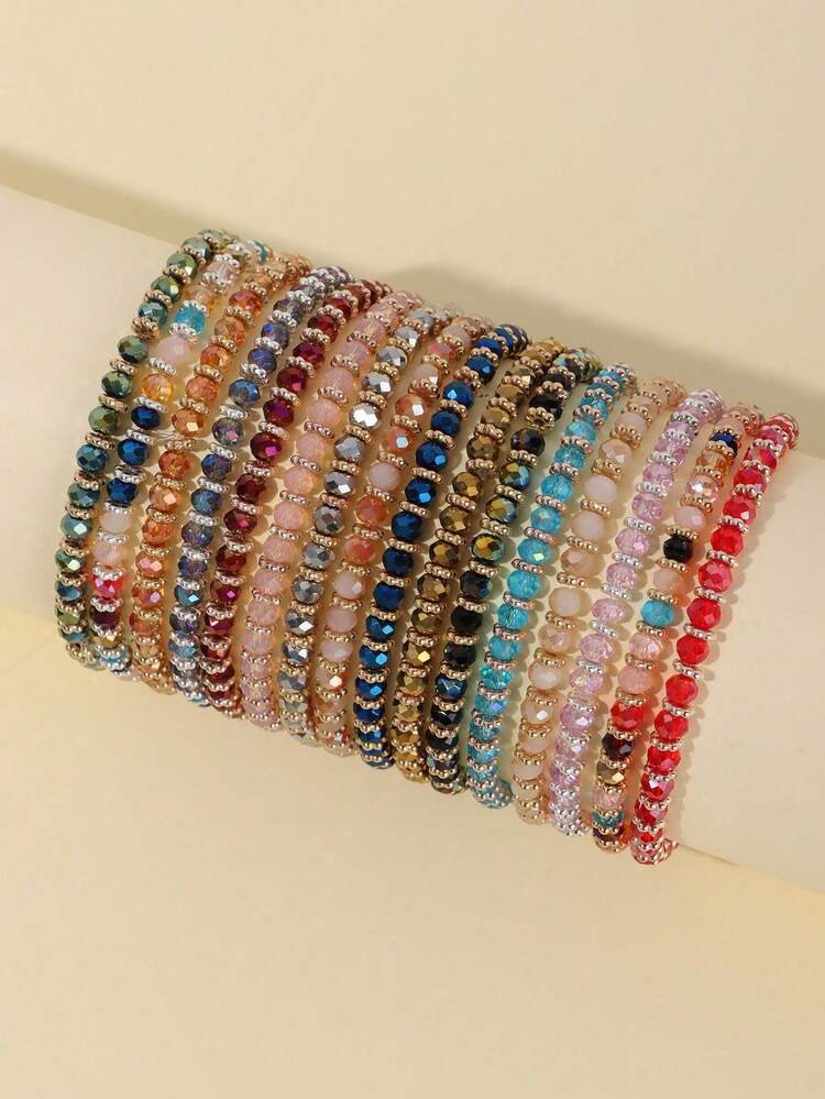 16pcs Colorful Faceted Beaded Elastic Bracelet For Women | SHEIN