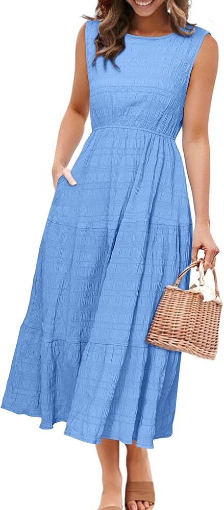 Simplee Women's Summer Casual Sleeveless Crewneck Sundress - A Line Flowy Tiered Midi Dress Long ... | Amazon (US)