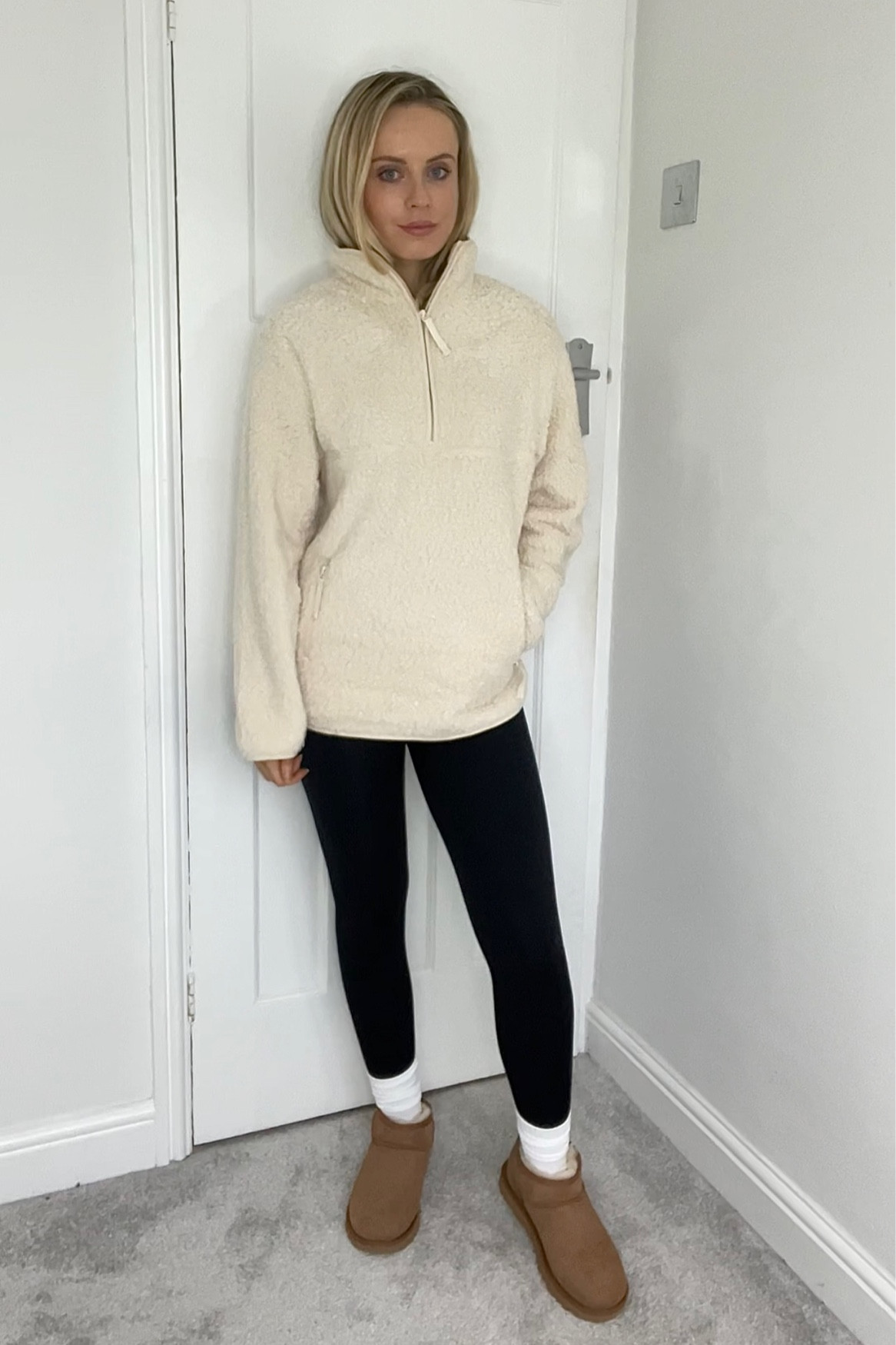 Cream fleece top, zip up fleece top, black leggings, ultra mini uggs, casual outfit, cosy outfit, cosy style, H&M fashion, H&M style, neutral fashion, neutral style, neutral outfit 

#LTKunder100 #LTKeurope #LTKunder50