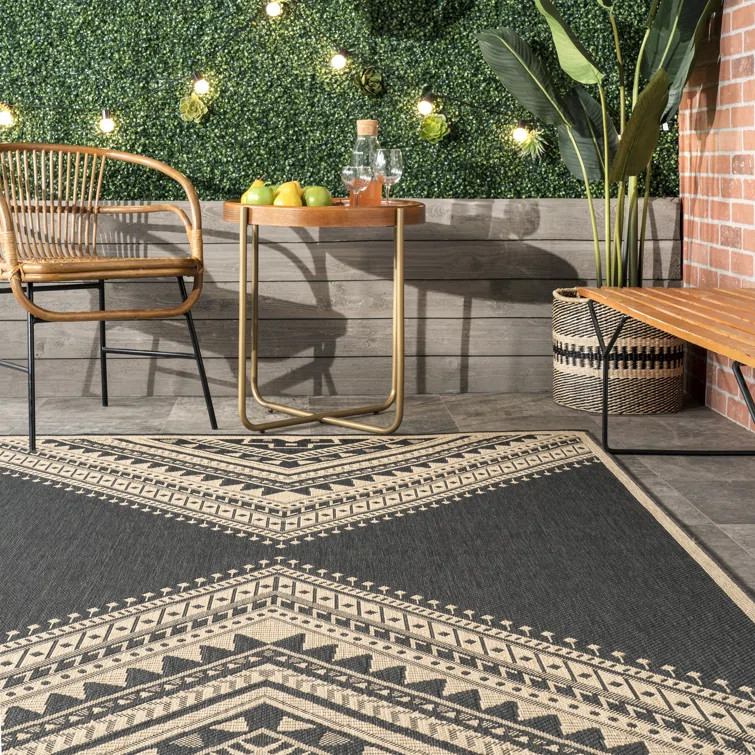 Gelinkaya Southwestern Power Loom Charcoal/Ivory Indoor/Outdoor Patio Rug | Wayfair North America
