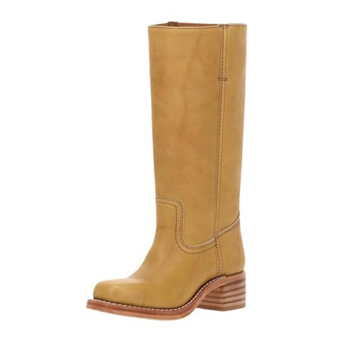 Wnshonzy Banana Knee High Boots for Women Biker Riding Boots Motorcycle Fashion Booties Biker Comfortable Mid Wild Calf Chunky Block Low Heel Round Toe Pull on Biker Long Boots Vintage Fashion Casual | Amazon (US)