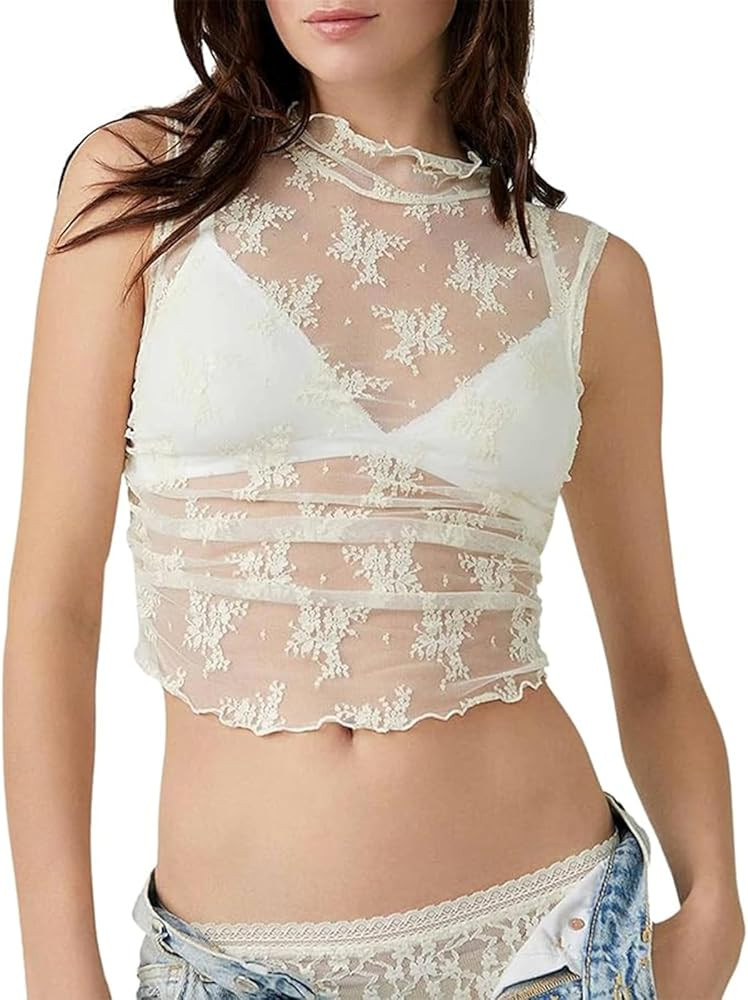 Women Lace Tank Top Sheer Mesh Sleeveless Crop Tops Mock Neck See Through Floral Layering Tops Y2... | Amazon (US)