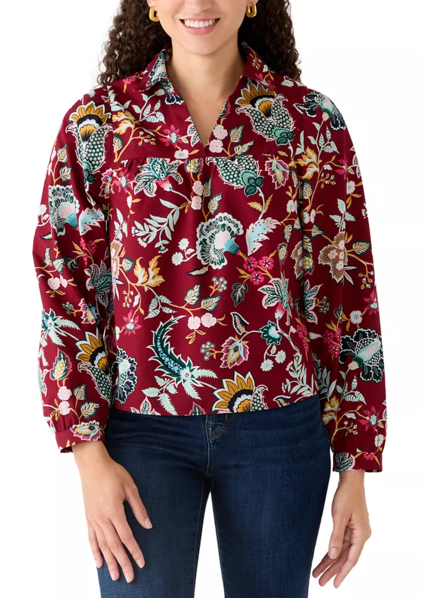 Petite Long Sleeveless Peasant Printed Top | Belk