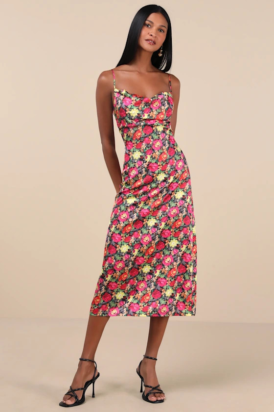 Favorite Icon Black Multi Floral Satin Cowl Neck Slip Midi Dress | Lulus