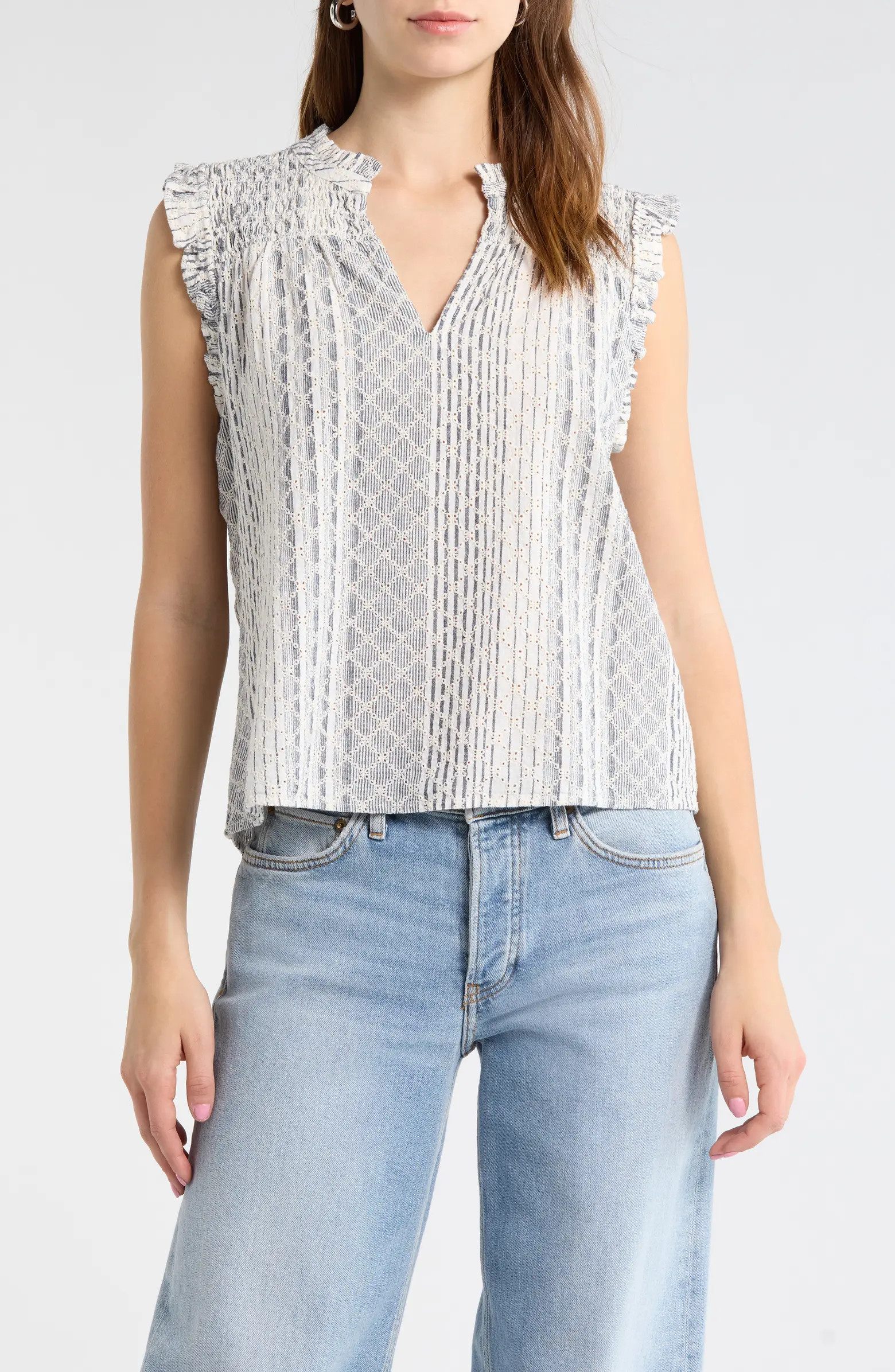 Arlene Eyelet Embroidered Linen Blend Ruffle Shoulder Top | Nordstrom