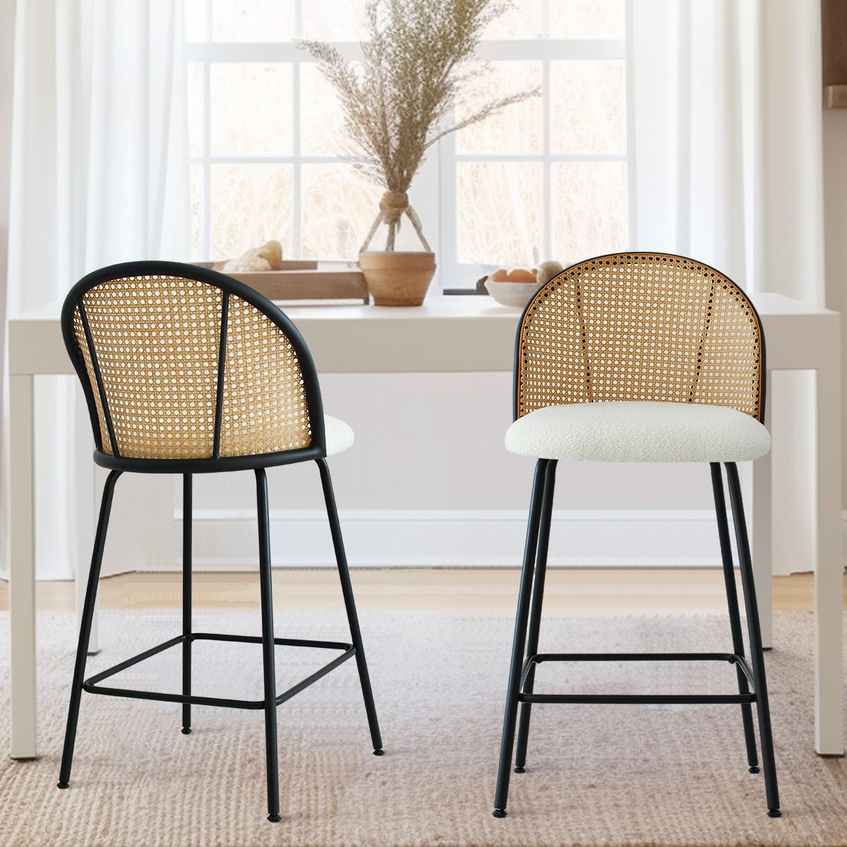 Jules Set of 2 Mesh Rattan Backrest Counter Stools with Back, Armless Upholstered Bouclé Fabric ... | Target