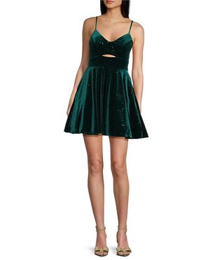 Glitter Velvet Front Keyhole Fit-And-Flare Mini Dress | Dillard's