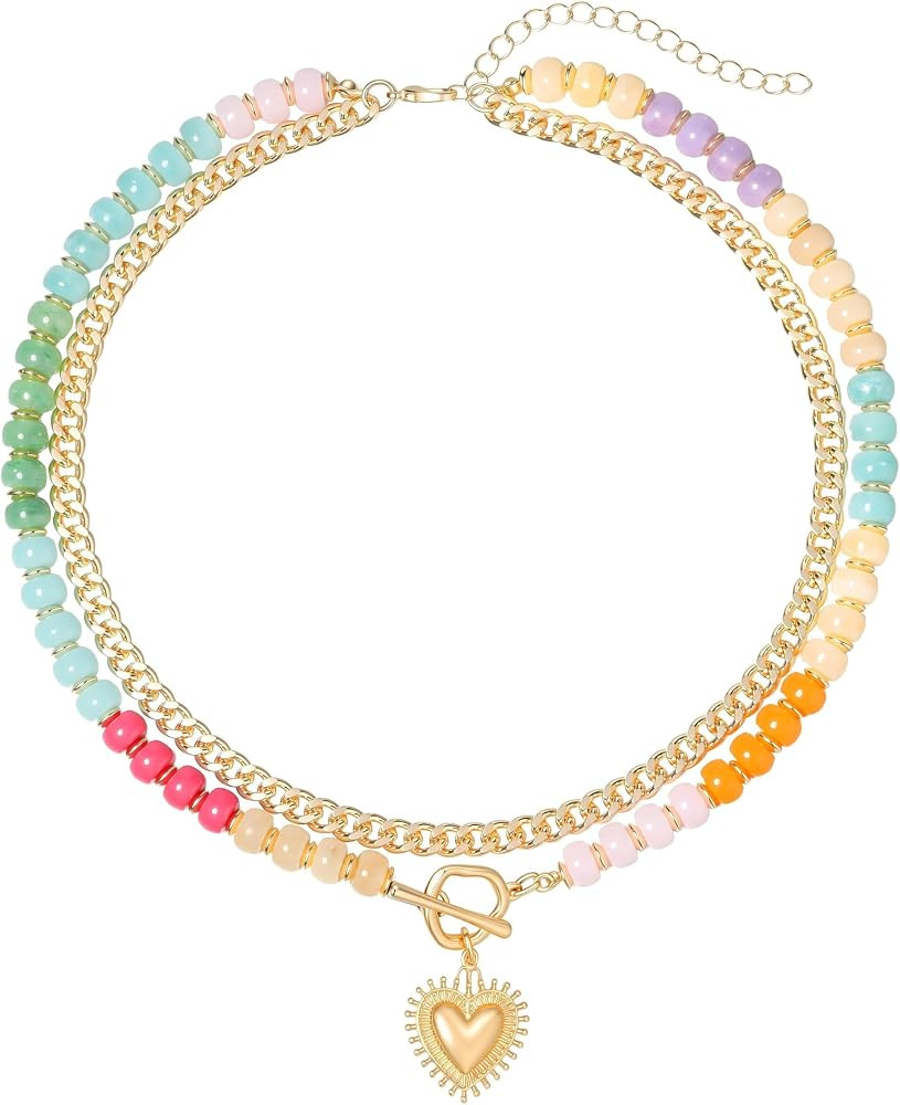Layered Necklaces for Women, 14K Gold Plated Heart Pendant & Colorful Acrylic Beaded Choker, Cute... | Amazon (US)