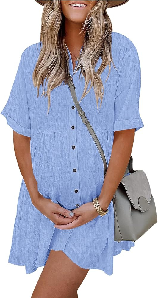 AUSELILY Women's Summer Babydoll Dress Casual Short Sleeve Sundress Button Down Dresses with Pock... | Amazon (US)