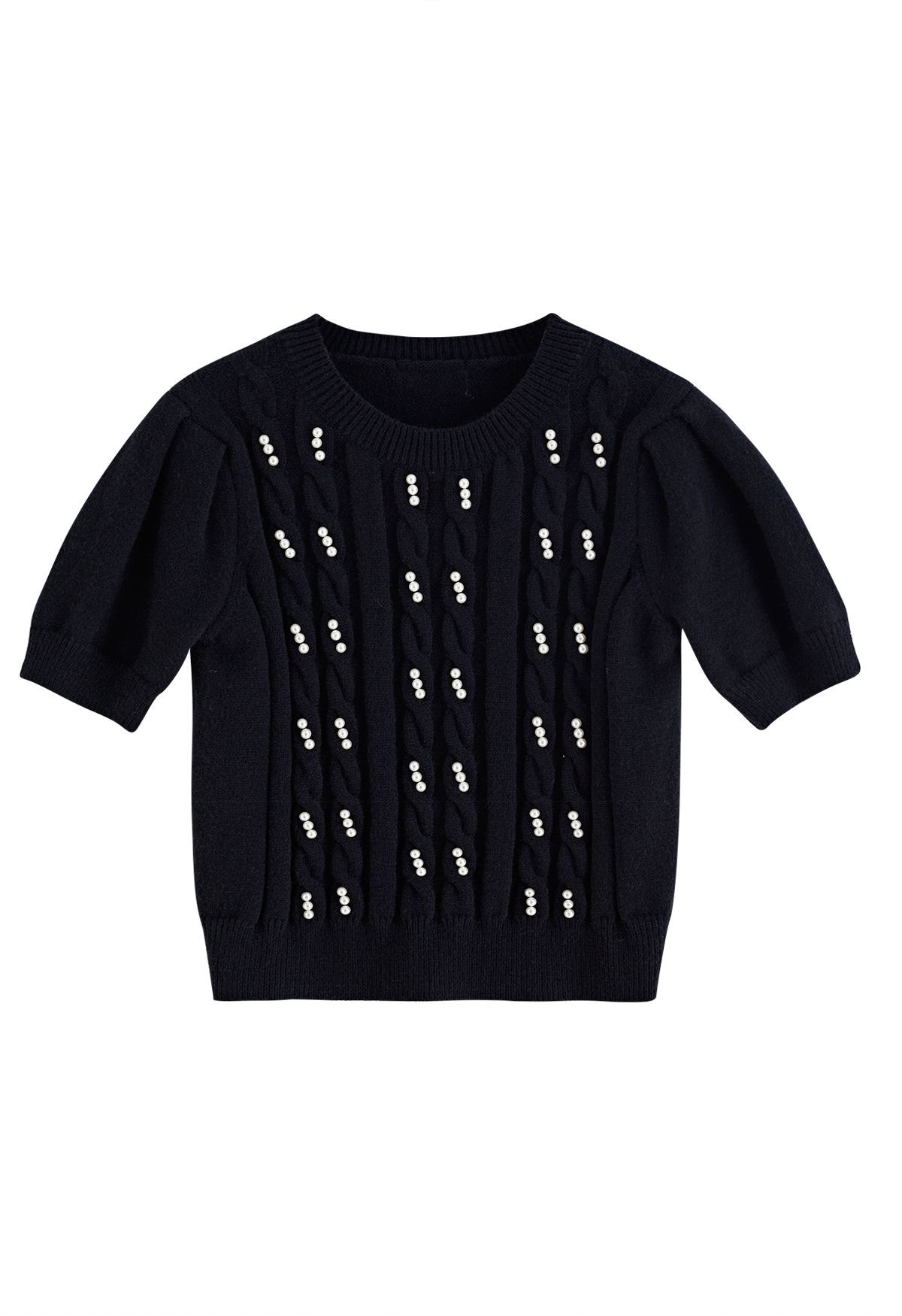 Pearl Embellished Braid Knit Top in Black | Chicwish