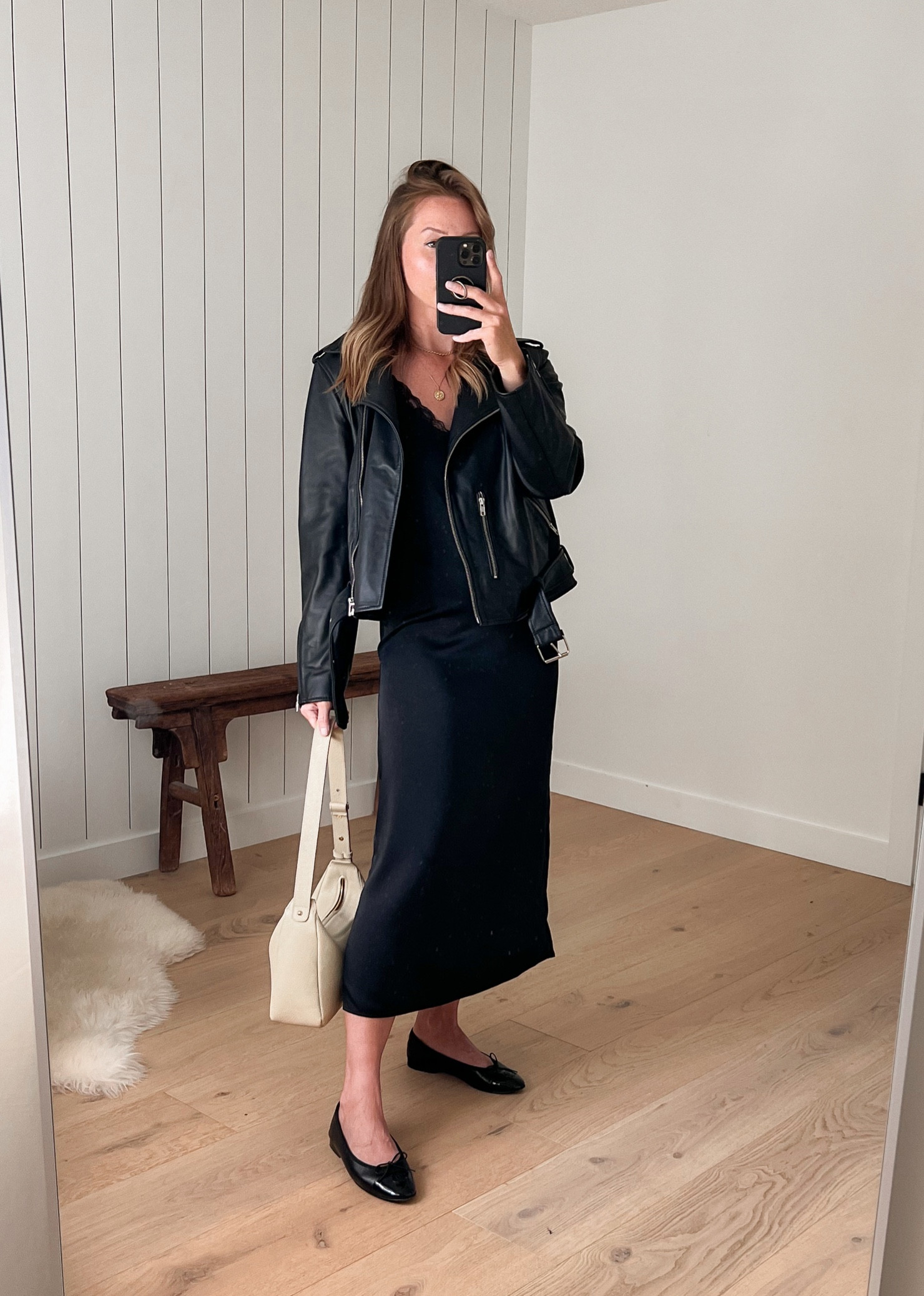 Fall date night look with ballet flats, slip dress, and leather jacket. #falloutfit #datenight #leatherjacket

#LTKunder100 #LTKmidsize #LTKshoecrush