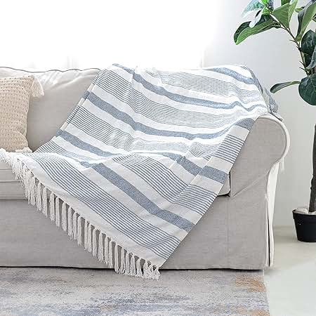 Amazon.com: Decorative Blue White Striped Throw with Fringe, Soft Chenille Knitted Farmhouse Lightweight Blanket with Tassels for Couch Sofa Chair Bed Office Home D\u00e9cor, Blue and Ivory, 60" x 80" | Amazon (US)
