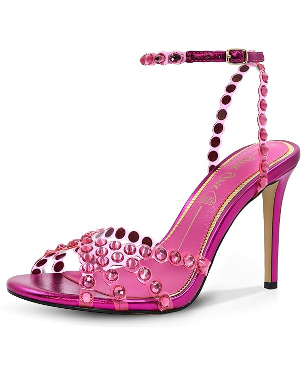 Rhinestone Sandals for Women High Clear Strappy Buckle Stiletto Heels Round Toe Sexy Dressy Sanda... | Amazon (US)