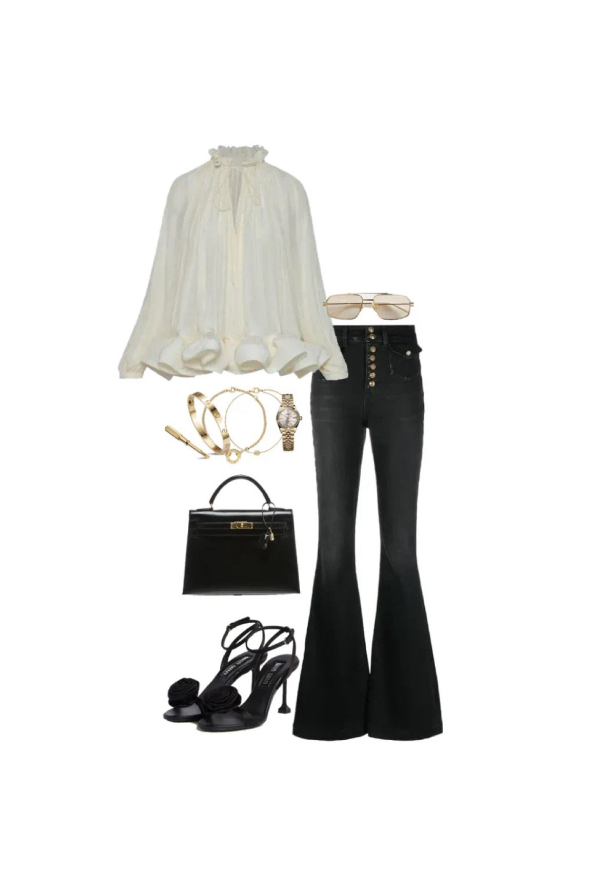 Spring white blouse styling 
Get the look 
Affordable spring look 
Date night 
Lunch date 
Black jeans with gold buttons 
Black bag with gold hardware 
Black sling back heels 
Gold jewellery 