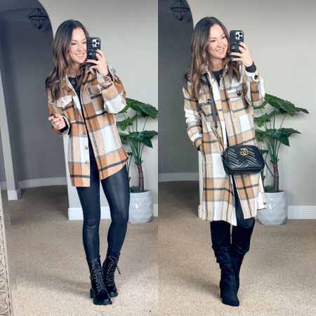 Plaid flannel shacket (small), jacket / long shacket (small) with Spanx lookalike faux leather leggings  (xs) outfit.  I lined similar boots and crossbody bag. DM and for the exact link for boots. 
Fall outfit // winter outfit // leggings outfit // shacket // paid coat // casual fall style // workwear outfit 

#LTKunder50 #LTKsalealert #LTKstyletip