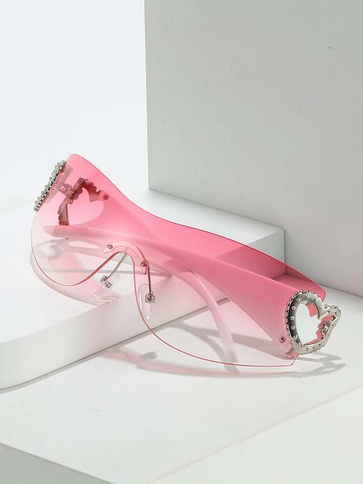 1Pair Y2K Women Heart Decor One-Piece Fashion Sunglasses Pink Glasses For Outdoor Travel | SHEIN