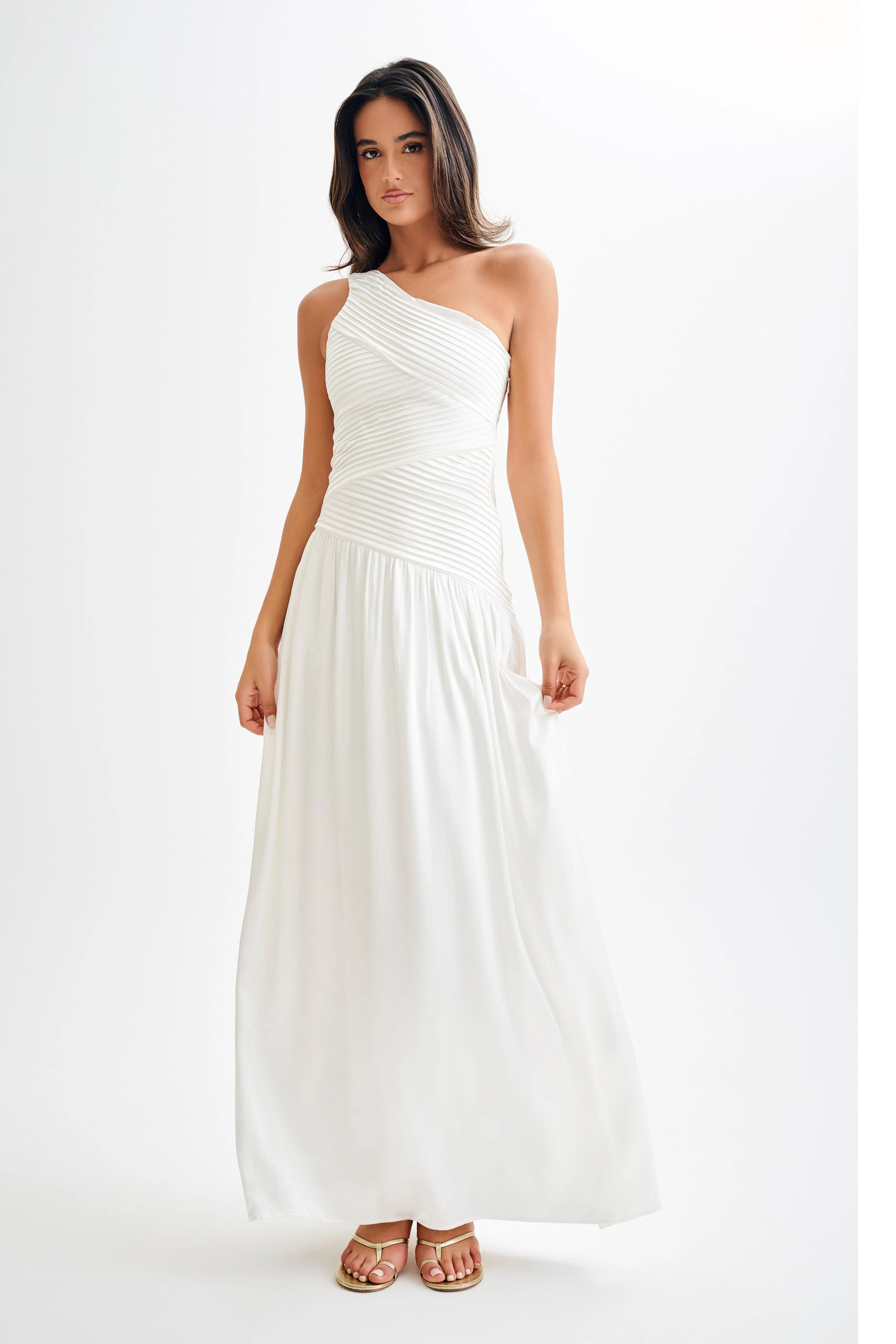 Jenna One Shoulder Pleated Maxi Dress - Ivory | MESHKI US
