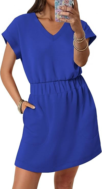ANRABESS Womens Summer Dresses Casual V Neck Short Sleeve Elastic Waist Mini Tshirt Dress Beach V... | Amazon (US)