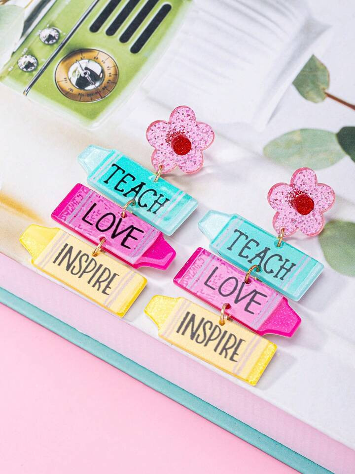 1pair Teacher's Day Style Floral Colored Pencil Earrings With Silver Foil Acrylic For Women's Dai... | SHEIN