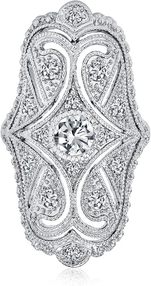 Art Deco Antique Style CZ Wide Armor Full Finger Statement Ring Rhodium | Amazon (US)
