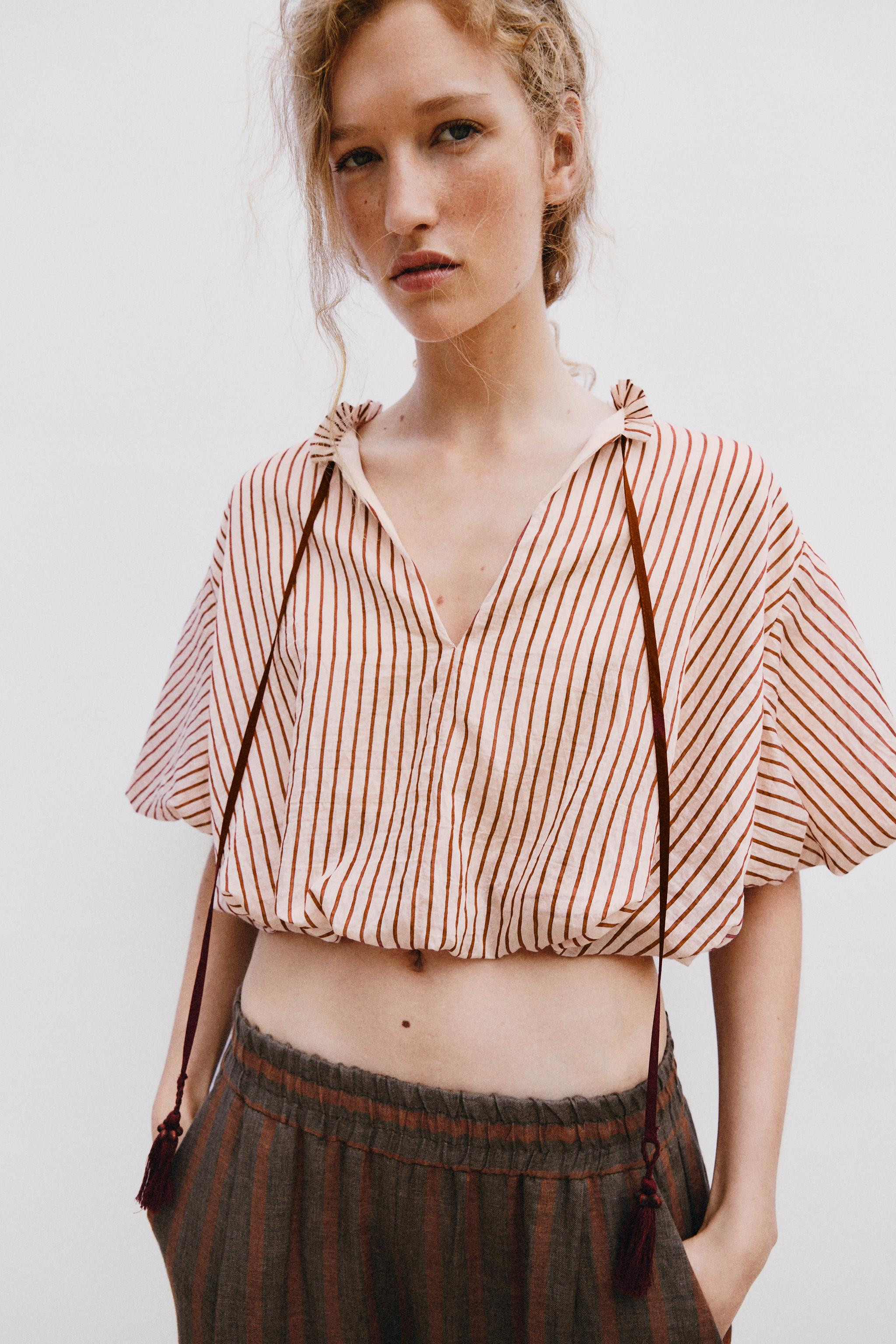 TIED STRIPED PUFF-SLEEVE TOP | Zara US