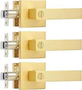 Leydebong 3 Pack Stain Brass/Gold Square Door Levers with Privacy Lock,for Bedroom and Bathrom,Mo... | Amazon (US)