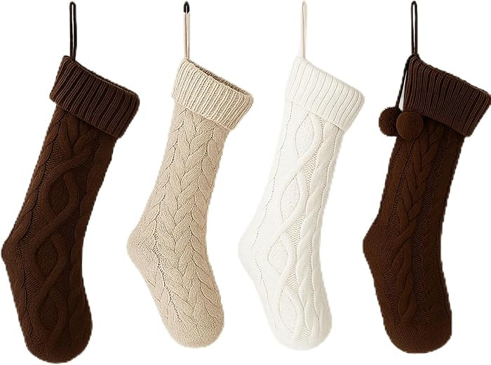 4 Pack Cable Knit Christmas Stockings 18 Inch Farmhouse Large Rustic Neutral Knitted Stockings Or... | Amazon (US)
