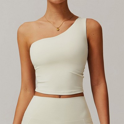 Attraco Women's One Shoulder Ruched Cropped Sports Tank Top with Removable Pads Yoga Tops Beige M/10 | Target