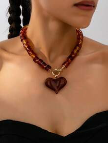 1pc Fashionable Acrylic Beaded Chain With Large Brown Heart Pendant Necklace, Suitable For Women'... | SHEIN